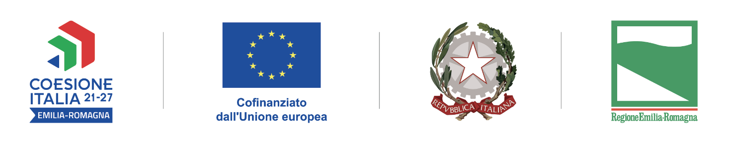 Loghi istituzionali: Coesione Italia 21-27 Emilia-Romagna, Cofinanziato dall'Unione europea, Repubblica Italiana, Regione Emilia-Romagna